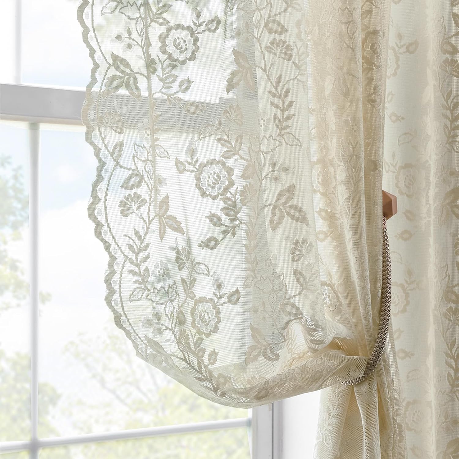 FINECITY Beige Lace Curtains for Living Room Floral 52 x 84 Inch, 2 Panels